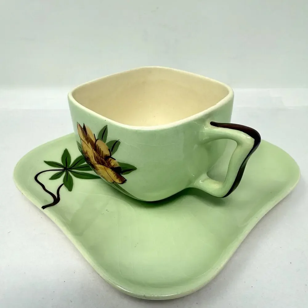 Weil Ware California Pottery Cup & Plate Set Hand Decorated Bamboo Lotus Vintage